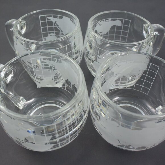 4 Vintage Nescafe Etched Clear Glass World Map Coffee Mugs - Picture 2 of 7